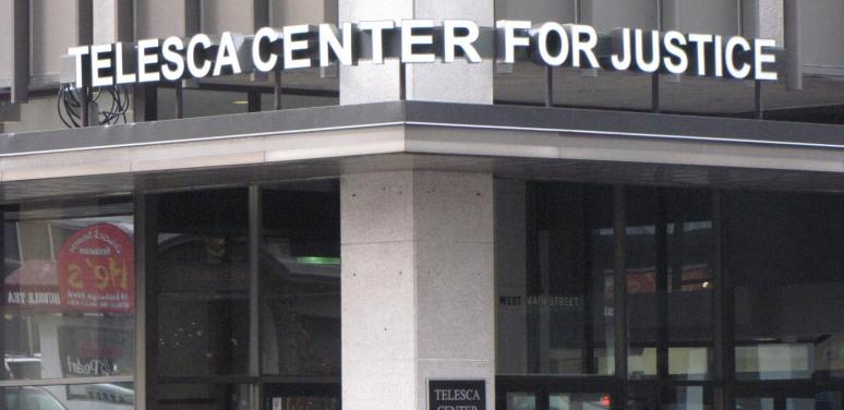 A photo of outside the Telesca Center for Justice, the building LawNY's Rochester office is located in on the 4th floor.